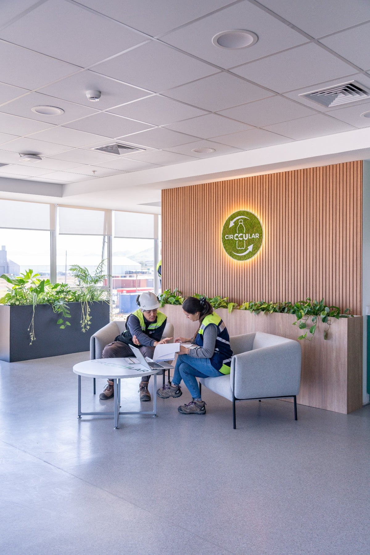 Plantas en maceteros en oficina diseñada por Casa Olivo en Santiago